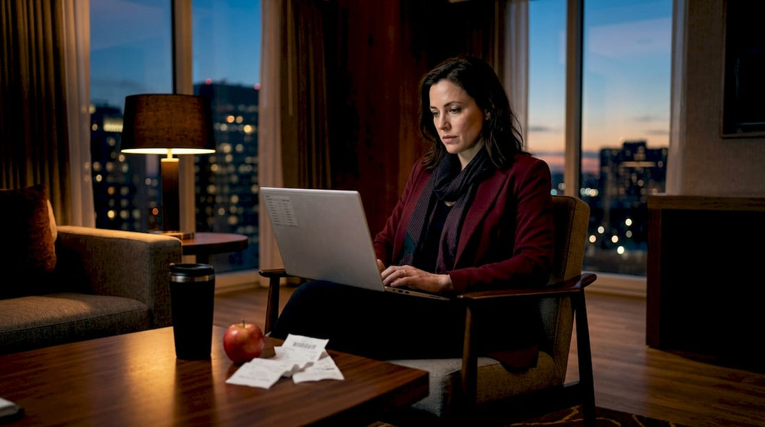 Professional reviewing work in hotel room