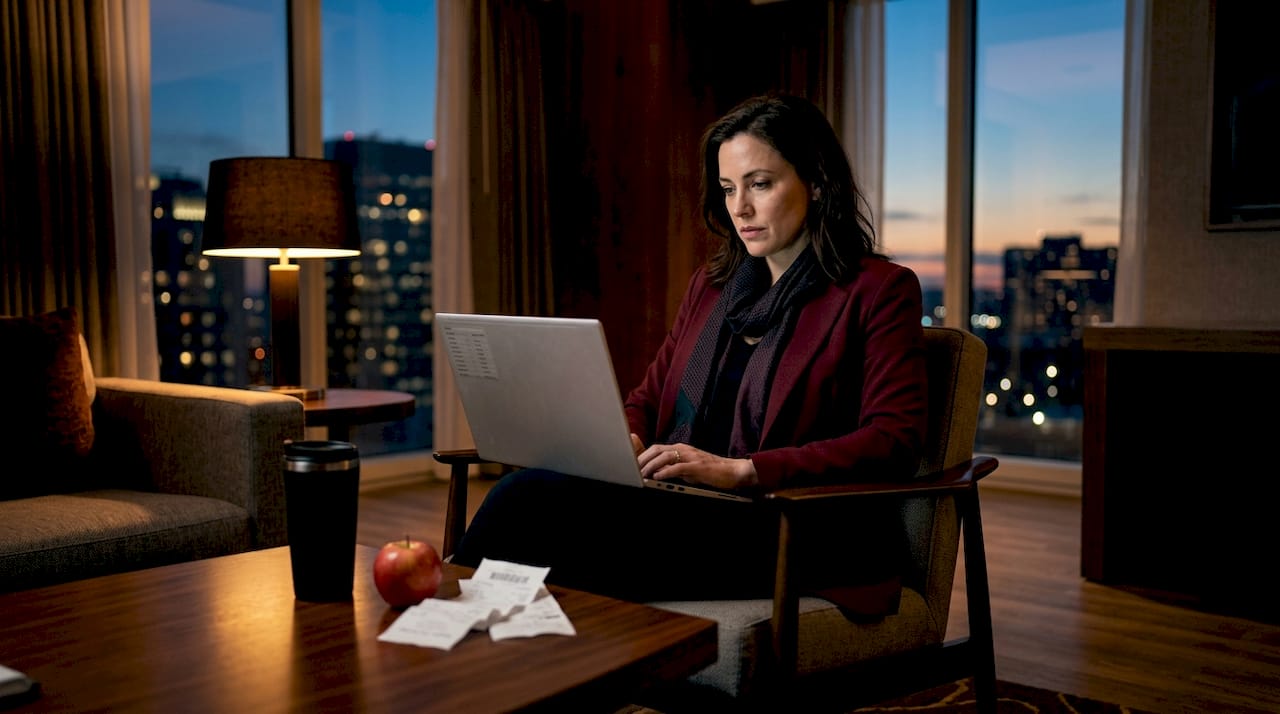 Professional reviewing work in hotel room