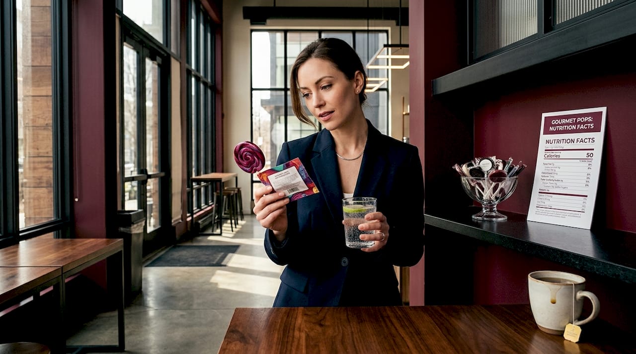 Woman examining lollipop diet in kitchen