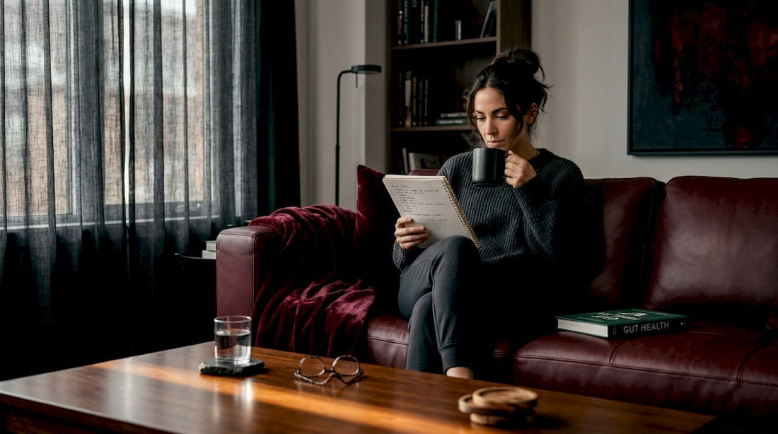 Woman reviewing meal notes and drinking tea