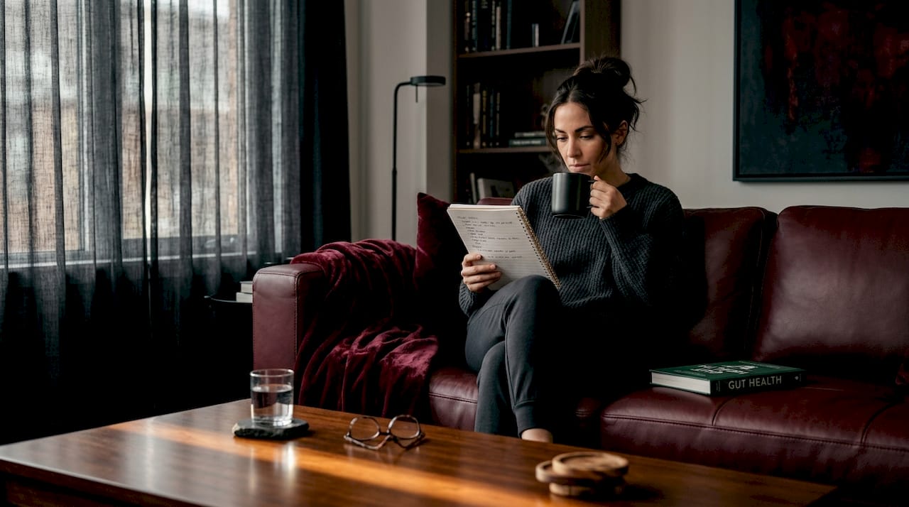 Woman reviewing meal notes and drinking tea