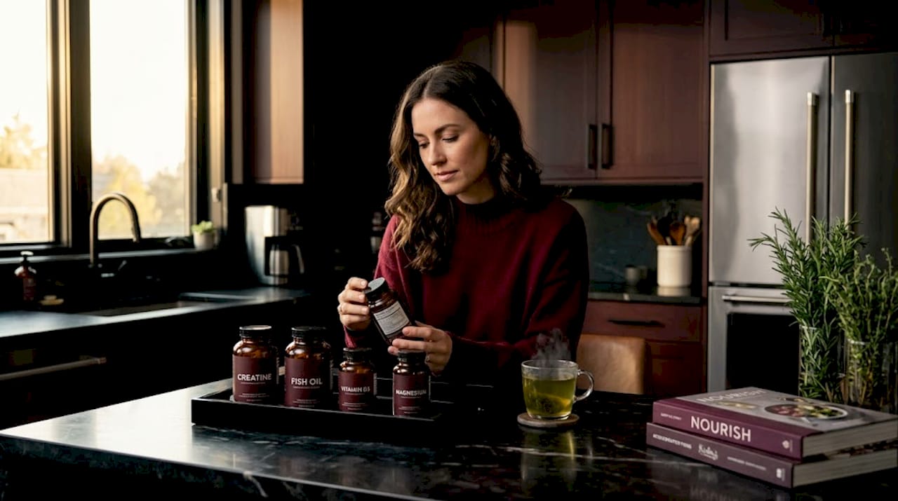 Woman sorting daily natural supplements at kitchen table