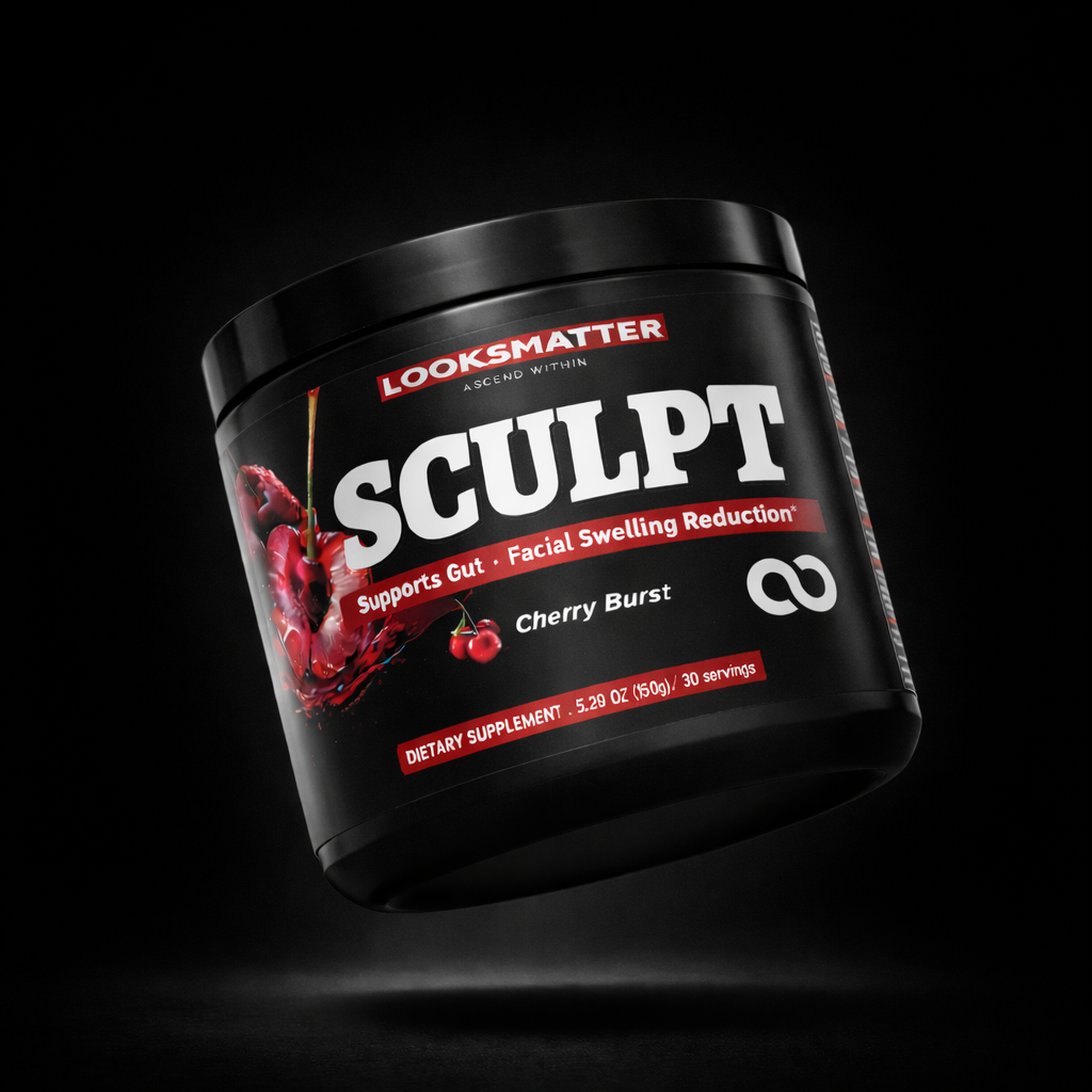 Black supplement container labeled 'SCULPT' with red text and graphics on a black background