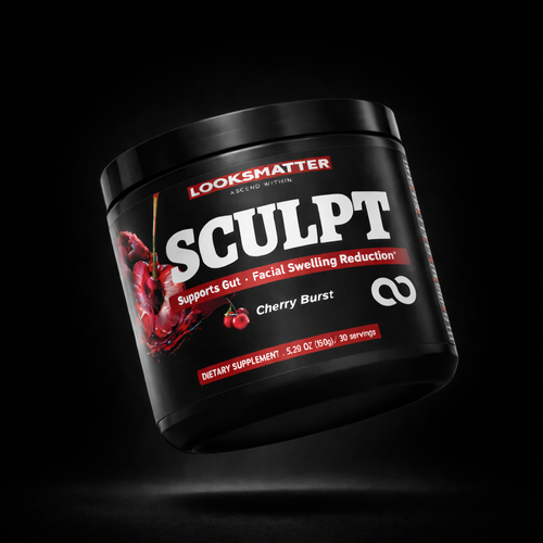 Black supplement container labeled 'SCULPT' with red text and graphics on a black background